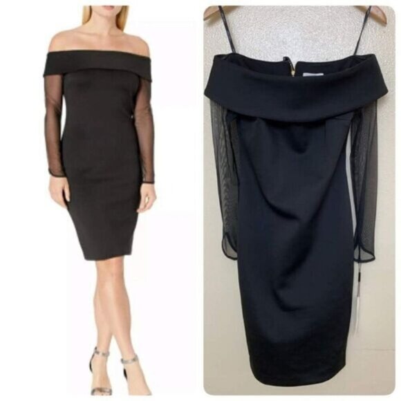 ****SOLD**Calvin Klein PETITE Illusion-Sleeve Off Shoulder Sheath Formal Dres - Picture 1 of 9